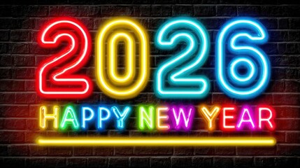 2026 written in neon style on a black brick wall, with colorful neon numbers and the text "happy new year"