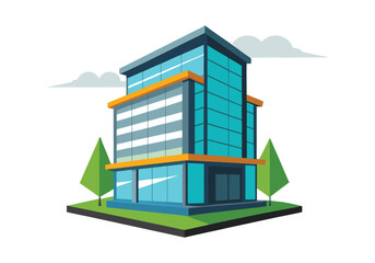 Modern glass office building with trees and clouds in a flat design style