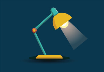 Modern adjustable desk lamp with a bright yellow shade casting a beam of light on a dark blue background