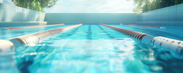 clear swimming pool with lanes marked by floating buoys, surrounded by greenery. sunlight s off water, creating refreshing for swimmers