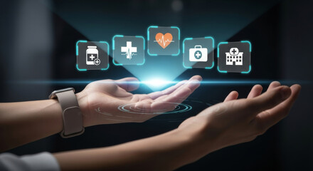 Naklejka premium Futuristic healthcare technology concept with person hands interacting with digital medical icons, including heart, hospital, and medicine, symbolizing innovation and connectivity
