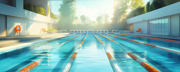 modern luxury  sport club swimming pool with clear water and orange lane markers, surrounded by greenery and architecture. scene evokes sense of relaxation and leisure