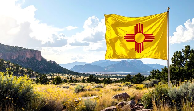 New Mexico flag waving in a scenic landscape - Powered by Adobe