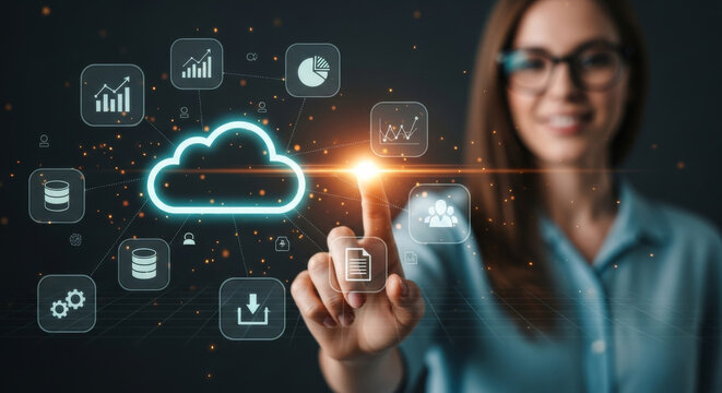 Cloud computing, data storage, digital transformation, and business analytics concept with smiling young woman interacting with virtual cloud icons and technology interface