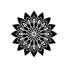 Black floral mandala with pointed petals on transparent background