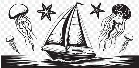 Oceanic Voyage Sailboat and Marine Life