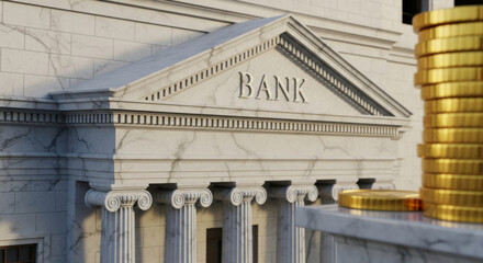 Obraz premium Bank building with marble columns, classical architecture, and stacked gold coins in foreground, symbolizing wealth, finance, and economic stability