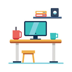 Modern minimalist home office setup with computer mugs and books on a shelf