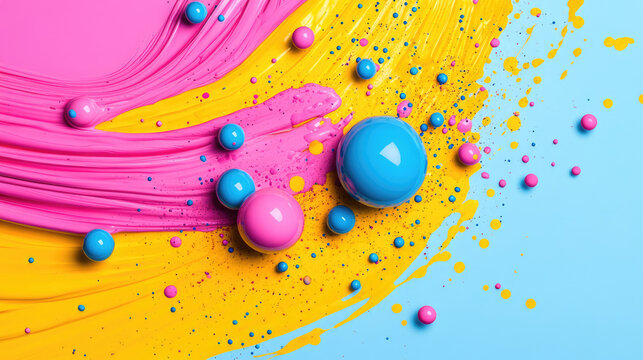 Colorful paint splashes with vibrant pink and blue spheres create dynamic and artistic composition. bright colors evoke sense of creativity and playfulness