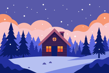Naklejka premium Cabin in the woods during a snowy winter night sky