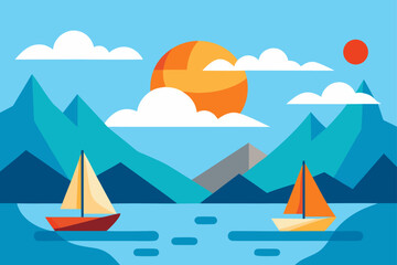 Naklejka premium Two sailboats on a lake with mountains and sun view