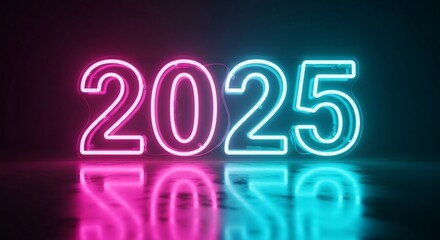 Bright Neon Glow of the Year 2025 Displayed with Reflective Surface and Dark Background
