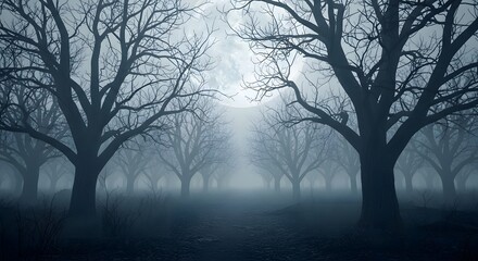 Silhouetted trees stand in a foggy landscape under a bright moon, creating an eerie and mysterious scene.