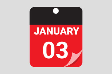 03 January. 03th January professional modern exclusive daily calendar design. Flat Design January Calendar Icon. Black and red color paper and White Text