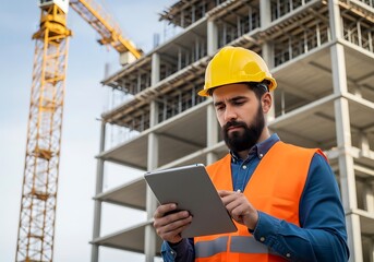 Construction worker in yellow hard hat and orange vest using tablet on building site with crane