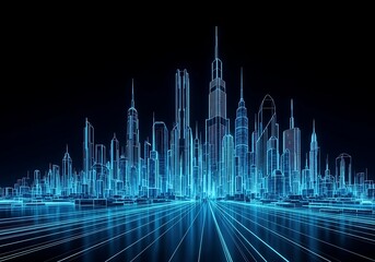 Abstract glowing blue wireframe city skyline at night with futuristic light trails on a black background