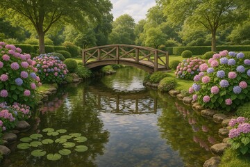 Fototapeta premium A peaceful backyard pond with a small wooden bridge arching over it, surrounded by blooming hydrangeas and trimmed hedges.