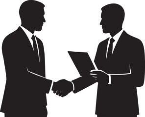 Two Businessmen Exchanging Documents Vector Silhouette | Deal Closing Concept