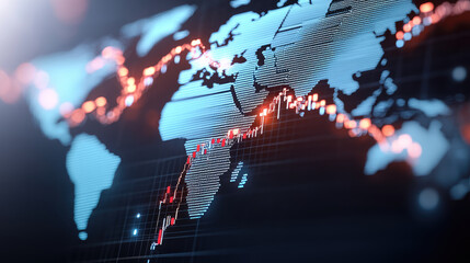Digital world map with financial data visualization, market trends and analytics. vibrant colors and intricate details create dynamic representation of global finance
