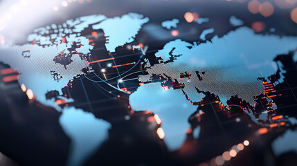 digital world map with blue dots and glowing connections, representing global technology and communication. intricate design highlights various regions and networks