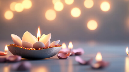 beautifully lit lotus shaped candle surrounded by petals creates warm ambiance, perfect for festive celebrations. soft glow