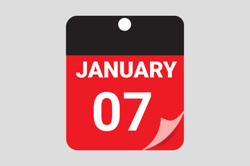 07 January. 7th January professional modern exclusive daily calendar design. Flat Design January Calendar Icon. Black and red color paper and White Text