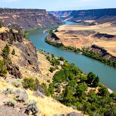 High-angle view of a winding river valley