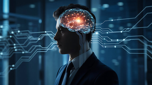 Silhouette of businessman with glowing brain and digital network overlay representing artificial intelligence and technological innovation concept