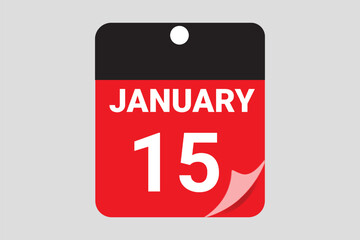 15 January. 15th January professional modern exclusive daily calendar design. Flat Design January Calendar Icon. Black and red color paper and White Text