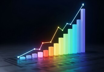 A colorful, glowing bar graph shows a steep upward trend, representing financial growth, success, and positive economic performance