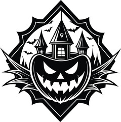 Halloween vector art of an eerie halloween scene with a large, menacing pumpkin in the foreground, surrounded by bats flying against a full moon, creating a spooky and festive atmosphere	

