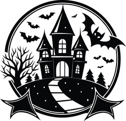 Halloween vector art of an eerie halloween scene with a large, menacing pumpkin in the foreground, surrounded by bats flying against a full moon, creating a spooky and festive atmosphere	
