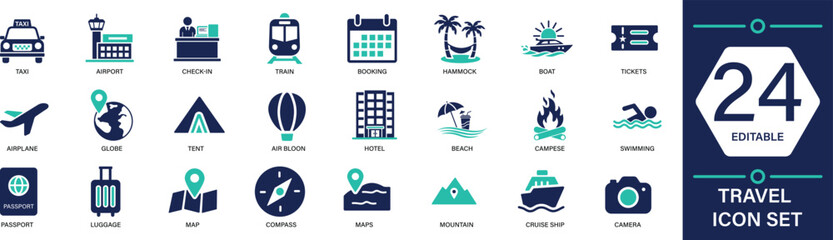 Travel Icon Set featuring vacation, hotel, luggage, airplane, and tourism symbols. Perfect for holiday, adventure, and travel agency projects.