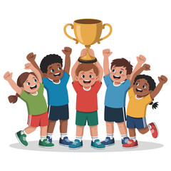 Happy children celebrate a victory holding a golden trophy. They appear joyful and triumphant