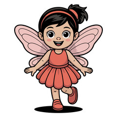 A cute cartoon fairy with pink wings and a cheerful expression, depicted in a whimsical style 