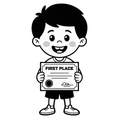 A young boy proudly holding a certificate for first place, demonstrating achievement and success