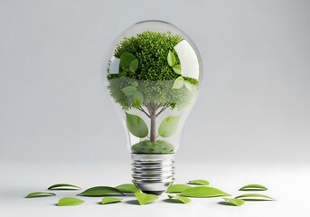 Light bulb with a green tree growing inside, symbolizing environmental protection and renewable energy, isolated on white background