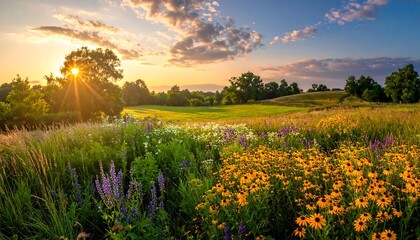Obraz premium Beautiful field of wildflowers at sunset with golden hour sunlight and stunning sky
