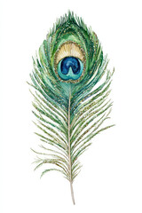 Fototapeta premium vibrant green peacock feather with intricate details and striking eye pattern, isolated on white background, its natural beauty and elegance