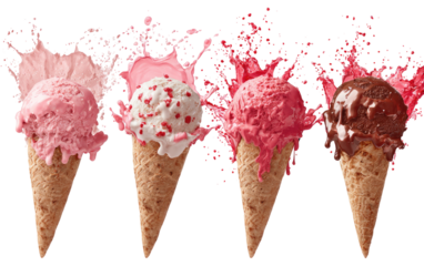 Four ice cream cones with splashes of color