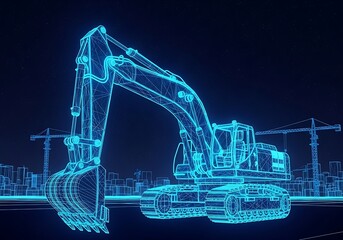 3d wireframe model of an excavator in a construction site with cranes and buildings in the background, blue neon glow effect