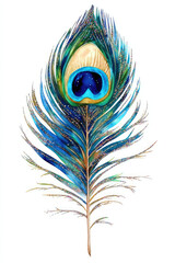 Fototapeta premium vibrant peacock feather with intricate details and shimmering colors, shades of blue and green against white background. This artwork captures beauty and elegance of nature