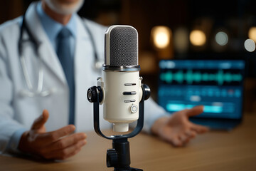 Doctor recording professional medical podcast in modern studio with microphone and blurred background lights