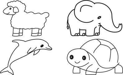 Cute cartoon animals black outline set isolated on white for kids coloring page design