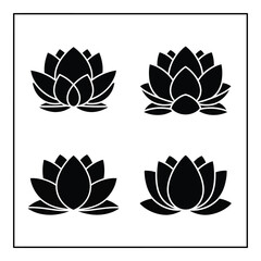 Four black silhouettes of lotus flowers displaying various stages of bloom and detail silhouette