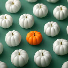 One orange pumpinkin standing out in a group of white pumpkins on a bold green background. Concept of diversity, individuality, inclusion, uniqueness, and thinking differently. Minimalist top view.