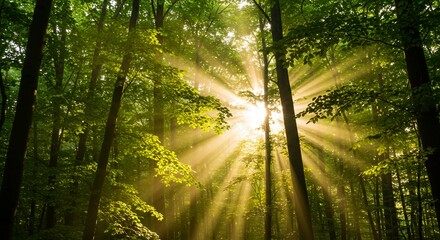 Naklejka premium Forest Trees and Sunlight Beams