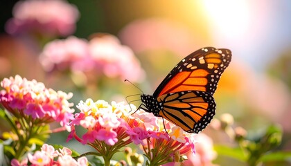 Monarch butterfly on pink flowers bathed in sunlight