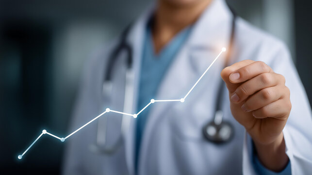 Digital graph of healthcare growth with a doctor analyzing, medical breakthrough in financial health data, biotech advancement in medical economics, healthcare innovation in resour