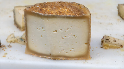 Sfizioso matured italian cheese high-quality, flavorful Italian cheese from sheeps pecora milk on weekle market in Gorgonzola, Lombardy, Italy